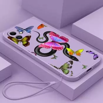 N77 Бабочка Черное Золото Змея с ремешком Силиконовые чехлы для телефонов с прямыми краями для Xiaomi Poco X5 Redmi Note 13 Pro 12C Realme Huawei Противоударный чехол Xiaomi 10T Pro/10T
