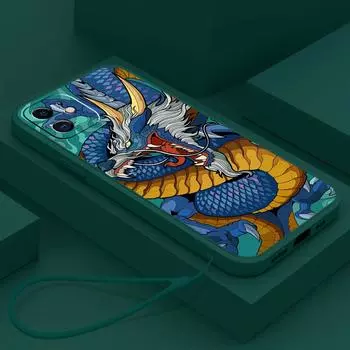 N81 Dragon design art с ремешком Силиконовые чехлы для телефонов с прямым краем для iPhone 15 Pro Max Samsung A54 A14 S23 S24 Ultra S20 FE Противоударный чехол for iPhone 15 Plus