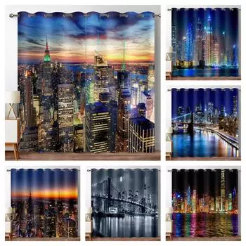 Нью-Йорк Шторы для гостиной роскошные небоскребы оконные шторы мост и башни вид на закат затемняющие оконные шторы W53.5 X H114cm X 2