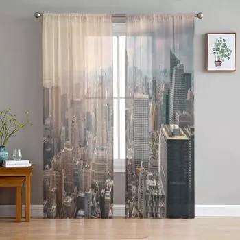 Нью-Йорк Сити Горизонт с голубым облачным небом и солнечными лучами Прозрачные шторы для гостиной, спальни, окна, вуали, тюль, занавески 135W x 114H(cm)