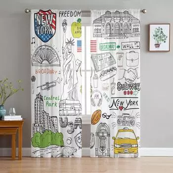 Нью-йоркский элемент, прозрачные шторы, тюлевые шторы для гостиной, окна, спальни, кухни, украшения дома, вуаль, шторы W135 x H115cm x1