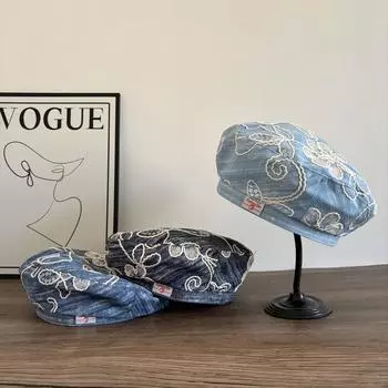 На открытом воздухе Корея 2025 новый цветок вышитый джинсовый берет женский большой окружность головы солнцезащитный козырек защита от солнца шляпа художника прилив M56-58cm темно-синий