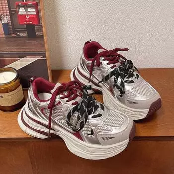 На открытом воздухе разноцветные пэчворк круглый носок толстая подошва каблуки женские кроссовки новые повседневные дышащие сетчатые женские туфли 35 бежевый