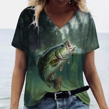 На открытом воздухе Рыбалка Принт Женские футболки Модные топы с V-образным вырезом Футболки с короткими рукавами Летняя повседневная свободная женская одежда Пуловер S