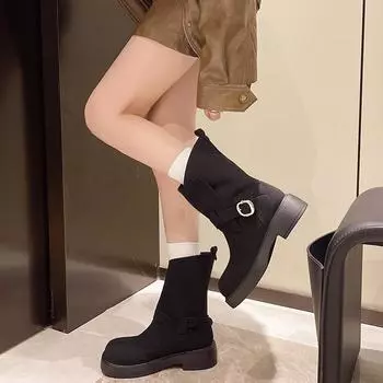 На открытом воздухе Зима сплошной цвет 2024 Горячая Распродажа Новые женские сапоги Модные короткие плюшевые круглые носки износостойкие туфли для женщин 35 чёрный