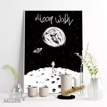 Наблюдение за Луной Черно-белый эскиз плаката Мультфильм Исследование Вселенной Космос Планета Астрономия Любитель 21cm30cm NoFrame