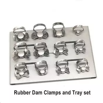 Набор 14/12/10/8/7 шт. Самые популярные стоматологические зажимы для резиновой плотины. Резиновый барьерный зажим с набором лотков или без них. Материал из нержавеющей стали с лотком из нержавеющей стали. 1 piece tray for 8pcs