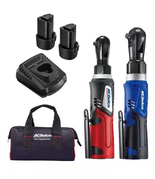 Набор аккумуляторных трещоточных ключей ACDelco G12 с двумя литиевыми аккумуляторами, японской инструкцией и холщовой сумкой 10,8 В 1/4 (6,35) & 3/8 (9.53мм) чёрный