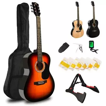 Набор акустической гитары BESYOU для начинающих взрослых и студентов, 39-дюймовая акустическая гитара для занятий, тщательно отобранная гитара из липы, цвет Sunburst, тюнер