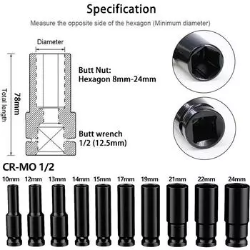 Набор электрических торцевых головок 1/2 дюйма, набор глубоких ударных головок 10 шт., прочный надежный привод из хромомолибденовой стали для профессионального ремонта своими руками