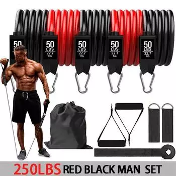 Набор эспандеров 250 фунтов, эластичные ленты для упражнений с дверными анкерными ручками, ремни на щиколотке и сумка для переноски в помещении, на открытом воздухе, для фитнеса 150LBS MANSET