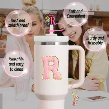 Набор аксессуаров для чашек из 9 шт., стакан для чашек емкостью 30 унций и 40 унций, инициалы, украшения, силиконовые соломенные колпачки, подвески с буквами, водонепроницаемые пробки, ручка, наклейка-подвеска R