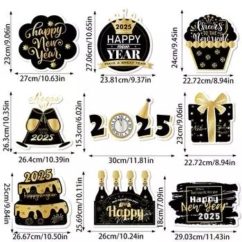 Набор баннеров на дверь с Новым годом, золотой, черный, новогодний 2025, подвесной бумажный баннер для украшения вечеринки в канун Нового года