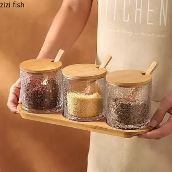 Набор банок для приправ на кухне, стеклянная коробка для приправ с узором из молотка, бамбуковой и деревянной крышкой, солонка, банка для перца, баночки для специй