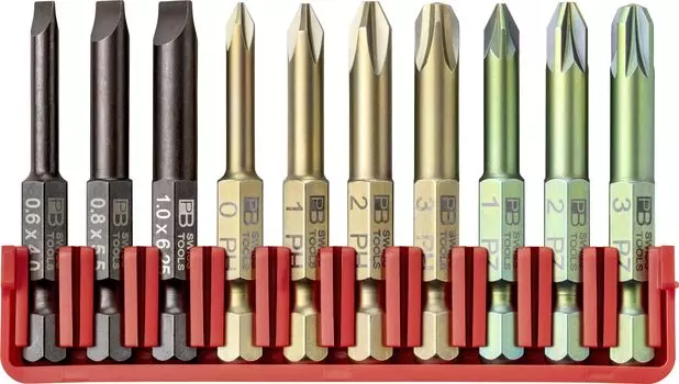Набор бит PB SWISS TOOLS из 10 предметов серии E6, набор ступенчатых бит с положительным шлицем и держателем бит 1/4HEX (минус, плюс, привод) E6.701CN