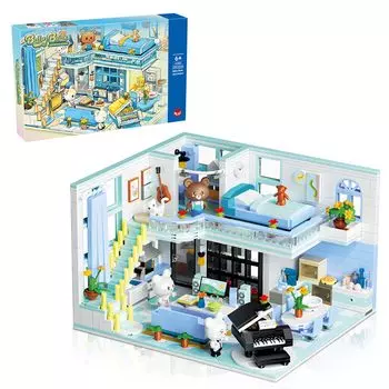 Набор блоков Hallisun, модель голубой комнаты с медведем, сборная игрушка, миниатюрный кирпичный кирпич для взрослых, детей, мальчиков и девочек 8 лет, рождественский школьный вход