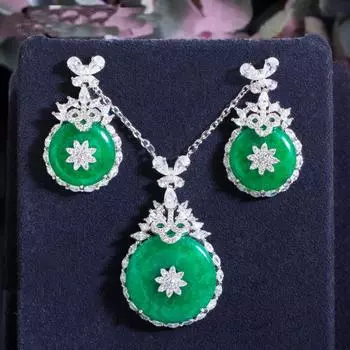 Набор больших круглых серег WWJ в этническом стиле и регулируемого ожерелья с подвеской изумрудный