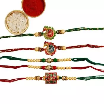 Набор: браслет Ракхи (5 шт), Синдур и Рис, Green & Red Pack of 5 Meenakari Rakhis and Roli Chawal, eCraftIndia