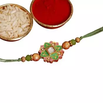 Набор: браслет Ракхи, Синдур и Рис, Green & Pink Meenakari Rakhi and Roli Chawal Set, eCraftIndia