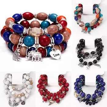 Набор браслетов из эластичных бисера в стиле бохо с крыльями из разноцветных драгоценных камней, слоновья любовь, 3 шт./комплект, аксессуары с мраморным узором Black