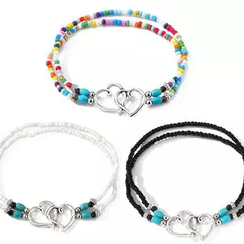 Набор браслетов на щиколотку, регулируемые полые нежные двойные сердечки для женщин, 3 шт./компл. в стиле бохо с мини-бисером, эластичные многоцветные модные бусины