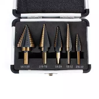 Набор британских ступенчатых сверл из 5 предметов с треугольной рукояткой, быстрорежущая сталь, желтое покрытие. Imperial 5PC step drill