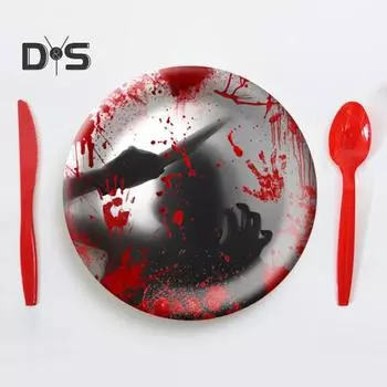 Набор бумажной посуды с кровавым принтом на Хэллоуин, бумажная тарелка, чашка, нож, вилка, ложка, страшный Хэллоуин, тематические украшения для вечеринки 7inch