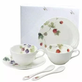 Набор чашек и блюдец NARUMI Lucy Garden 210 куб. см с узором из ягод, 2 узора, милый стильный рельефный подарок на свадьбу, подарок на день рождения, 6 предметов, в комплекте с чайной ложкой и
