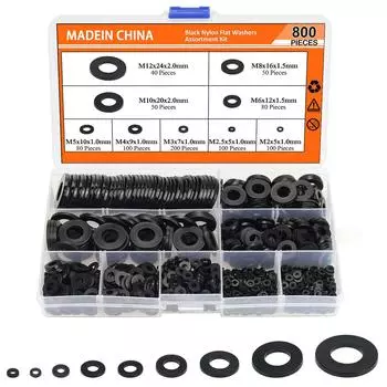 Набор черных нейлоновых плоских шайб 800 шт. PA66 Плоские шайбы M2M2.5M3M4M5M6M8M10M12 В коробке 800pcs