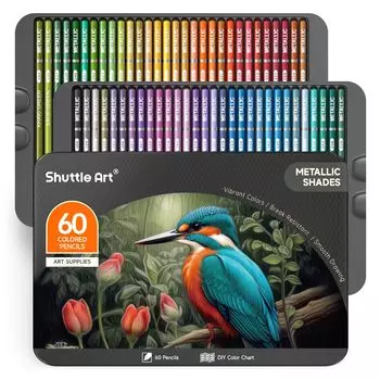 Набор цветных карандашей Shuttle Art из 60 цветов, металлические сверкающие цветные ручки, блестящая раскраска для взрослых, дизайн иллюстраций, эскизы, граффити, металл