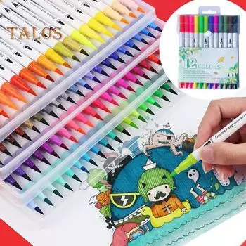 Набор цветных ручек для граффити, цветные контурные ручки, двухсторонняя кисть и тонкие маркеры для письма, раскрашивания в стиле скрапбукинга 12 colours