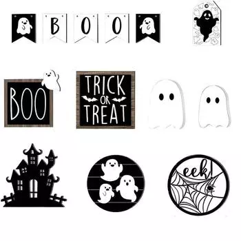 Набор декора для многоярусной подставки на Хэллоуин Милые украшения для подноса Деревянные таблички на Хэллоуин Деревенский декор для дома стола принадлежности для вечеринки One Size