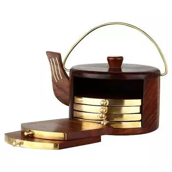 Набор деревянных подставок для чая ручной работы из 6 штук, круглая форма, ручная работа с латунным декором, форма котла для чайных чашек, кофе