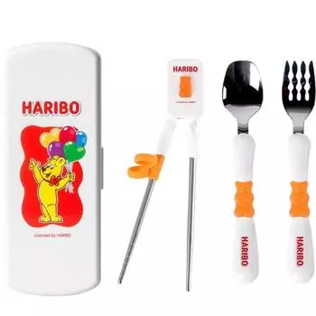 Набор детских столовых приборов Haribo: ложка + вилка + палочки для еды + футляр, апельсин, ложка + вилка + палочки для еды + футляр