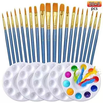 Набор для акриловой живописи, круглые заостренные нейлоновые кисти для волос с поддонами для краски для взрослых, акварель, масло, гуашь, темпера