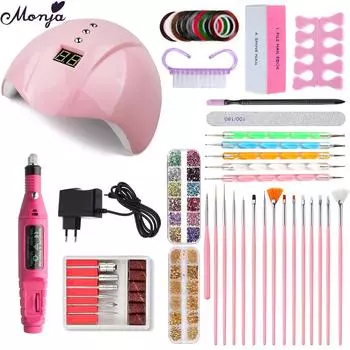 Набор для дизайна ногтей Monja, сушилка для ногтей, электрическая полировальная дрель для ногтей, стразы, ручка для раскрашивания, DIY украшения, набор инструментов для маникюра розовый