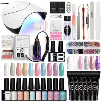 Набор для дизайна ногтей PHOENIXY, 10 шт., лак для ногтей, 6 шт., набор полигеля для ногтей с лампой для ногтей 36 Вт, маникюрные инструменты, комплект фрез для ногтей, маникюрный салон