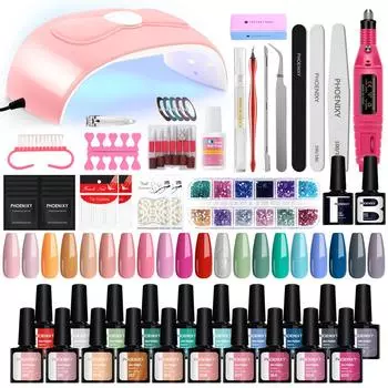 Набор для дизайна ногтей PHOENIXY, 20 цветов гель-лака, лампа для ногтей 54 Вт и инструменты для маникюра, полный набор для дизайна ногтей SET 2