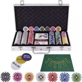 Набор для казино с BJ 300, набор пронумерованных фишек для покера с игрой в казино с 3 дилерами, серебряный кейс для казино с ковриком, фишками, набором, картами, кнопками, игрой, набором, серебряный