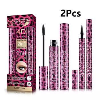 Набор для макияжа с леопардовым принтом, черная тушь для ресниц + подводка для глаз, макияж для больших глаз, водостойкая 4D-волокнистая тушь для ресниц 2 in 1