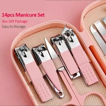 Набор для маникюра и педикюра класса люкс из 14 предметов: розовые и синие ножницы из нержавеющей стали, кусачки, ложка для удаления ушей для мужчин и женщин 14PCS серебряный