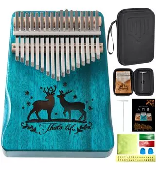 Набор для начинающих PERDIN Kalimba, 17 клавиш, настроенные японские ноты, в комплекте вводная книга, футляр, гравированный музыкальный инструмент Kalimba церулеан голубой