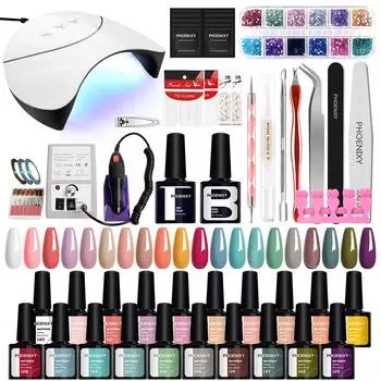 Набор для ногтей PHOENIXY с лампой для ногтей, сушилка для ногтей, дрель для ногтей, маникюрный набор, набор инструментов для дизайна ногтей, набор полигелевых гель-лаков для ногтей