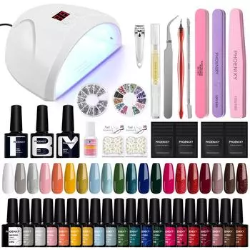 Набор для ногтей PHOENIXY с лампой для ногтей мощностью 36 Вт, сушилка для ногтей, маникюрный набор, набор инструментов для замачивания, набор инструментов для дизайна ногтей и набор гель-лаков для ногтей set 01