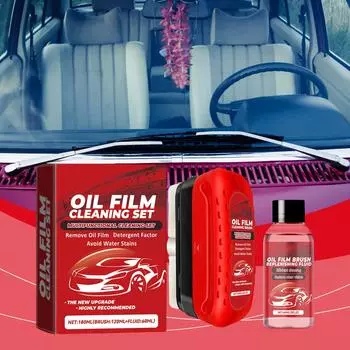 Набор для очистки масляной пленки на лобовом стекле автомобиля - очиститель 120 мл + сменный блок 60 мл с чистящей щеткой для удаления масляной пленки со стекла