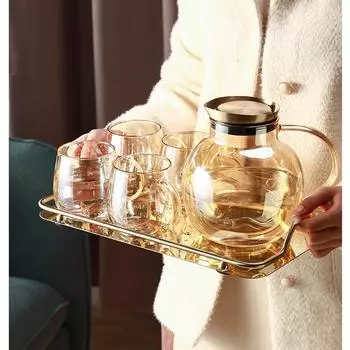 Набор для послеобеденного чая, стеклянная чашка 450 мл для гостиной, для домашнего использования, чайник для цветочного чая 1800 мл, янтарный набор из 5 предметов с подносом