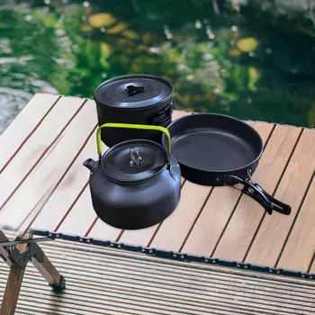 Набор для приготовления пищи на природе из 3 предметов: сковорода, чайник, чайник, набор посуды с сетчатым мешком для