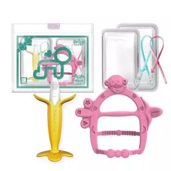 Набор для прорезывания зубов Anjou из 2 штук (банан + браслет) - чехол 2шт + клипса 2шт (цветной случайный), банан + браслет обезьянка (розовый), Корейские детские товары