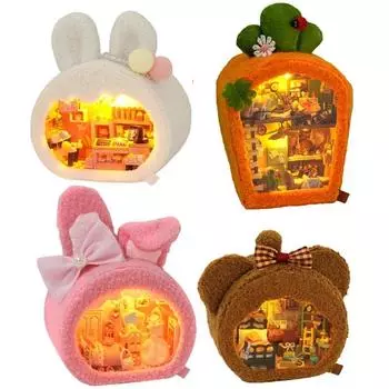 Набор для сборки миниатюрного домика, набор для сборки кукольного домика «Пушистый медведь», набор для сборки мини-деревянного домика со светодиодной подсветкой, подарки на Хэллоуин/Рождество/День рождения белый