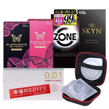 Набор для сравнения презервативов SKYN ZONE Sagami Glamorous Butterfly Hot Moist Original в комплекте 5 презервативов 0,01